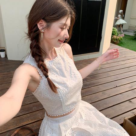 BY19392# 品质新款圆领无袖短款上衣+高腰显瘦A字半身裙套装 服裝批發女裝批發服飾貨源