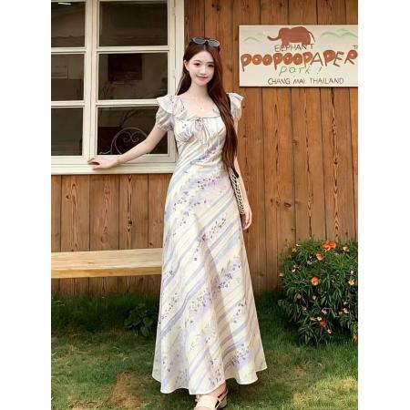 BY19393# 夏季新款胖mm法式设计感紫藤花荷叶领印花气质显瘦长款连衣裙 服裝批發女裝批發服飾貨源