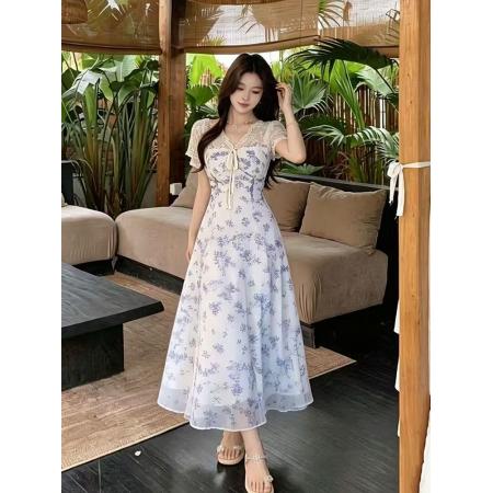 BY19394# 夏季新款胖mm蕾丝气质长裙法式温柔风V领碎花收腰显瘦连衣裙 服裝批發女裝批發服飾貨源