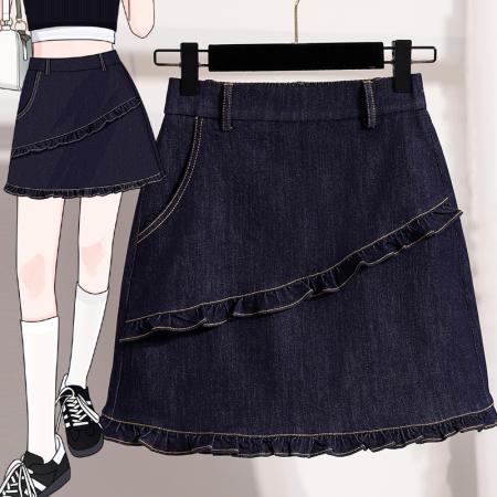 BY19397# 夏新款大码宽松韩版加内衬防走光牛仔半身裙胖MM松紧腰A字裙 服裝批發女裝批發服飾貨源
