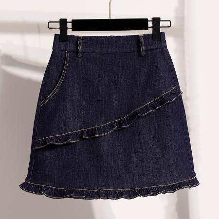 BY19397# 夏新款大码宽松韩版加内衬防走光牛仔半身裙胖MM松紧腰A字裙 服裝批發女裝批發服飾貨源