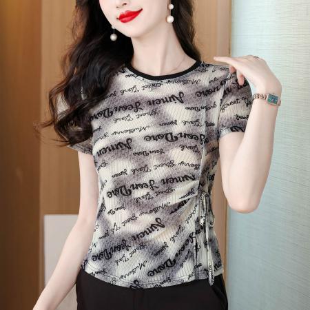 BY19399# 夏季新款撞色圆领字母印花短袖T恤女侧边绑绳显瘦高弹力上衣 服裝批發女裝批發服飾貨源