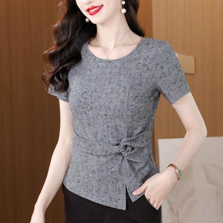 BY19400# 夏季新款圆领扎染短袖T恤女收腰扭结修身显瘦百搭气质款上衣 服裝批發女裝批發服飾貨源