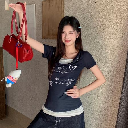 BY19401# 美式复古假两件荡领短袖T恤女夏季新款设计感修身显瘦百搭上衣tee 服裝批發女裝批發服飾貨源