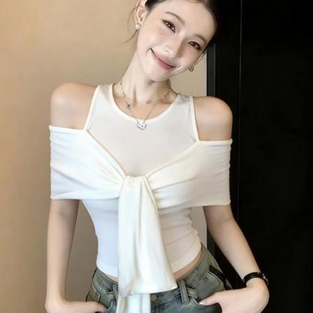 BY19402# 拼接披肩假两件圆领无袖T恤女设计感修身短款白色上衣 服裝批發女裝批發服飾貨源