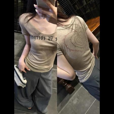 BY19404# 美式辣妹圆领字母印花短袖T恤女夏季修身显瘦收腰上衣 服裝批發女裝批發服飾貨源
