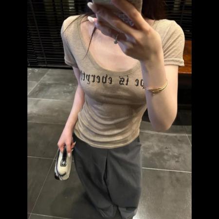 BY19404# 美式辣妹圆领字母印花短袖T恤女夏季修身显瘦收腰上衣 服裝批發女裝批發服飾貨源