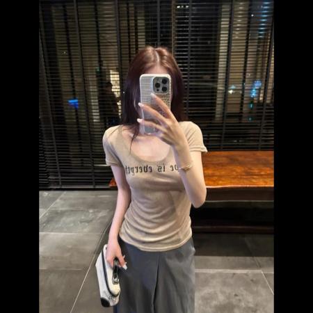 BY19404# 美式辣妹圆领字母印花短袖T恤女夏季修身显瘦收腰上衣 服裝批發女裝批發服飾貨源
