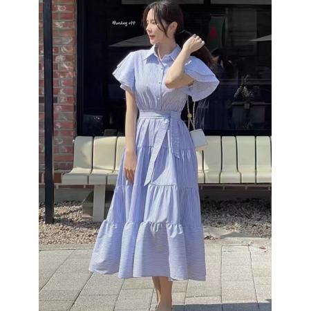 BY19405# 新款韩版条纹蛋糕层连衣裙 服裝批發女裝批發服飾貨源