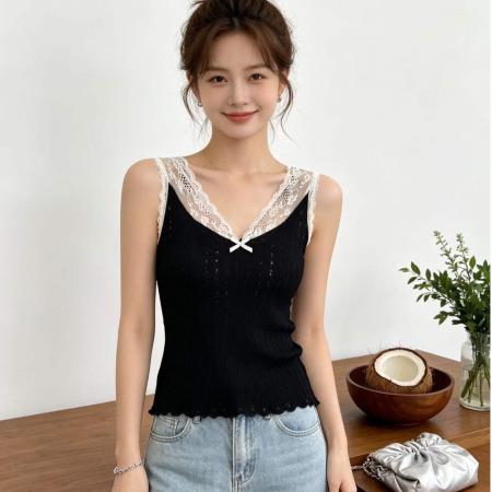 BY19406# 夏季新款设计感高品质V领蝴蝶结蕾丝花边拼接针织套头背心 服裝批發女裝批發服飾貨源