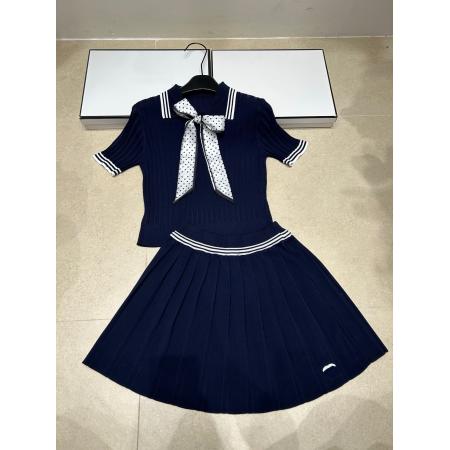 BY19411#夏季新款针织香牌波点丝巾短袖套头+半裙百搭潮品两件套装 服裝批發女裝批發服飾貨源