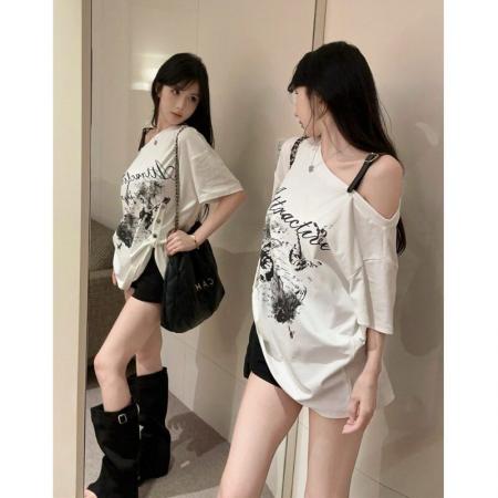 FA56890# 纯棉夏季新款斜领露肩设计感短袖上衣