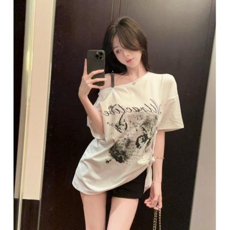 FA56890# 纯棉夏季新款斜领露肩设计感短袖上衣