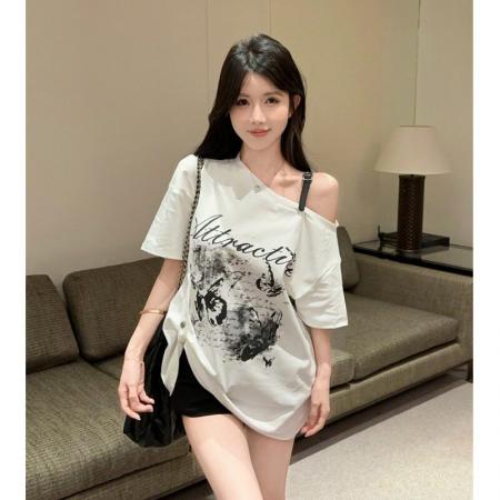 FA56890# 纯棉夏季新款斜领露肩设计感短袖上衣