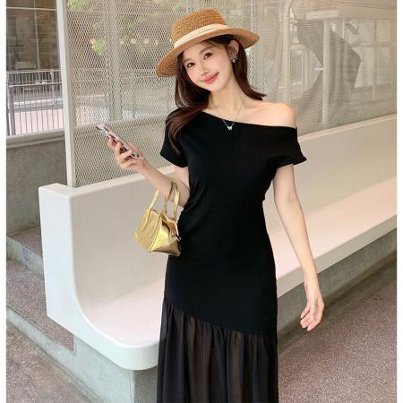 FA56891# 大码夏季法式极简风气质拼接连衣裙胖MM女高级感洋气拼接长裙