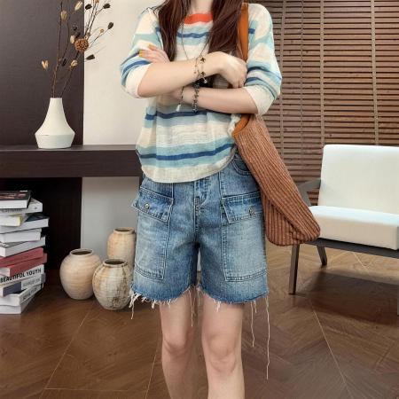 BY19413# 夏季薄款大码女装洋气毛边工装阔腿牛仔短裤新款显瘦百搭热裤 服裝批發女裝批發服飾貨源