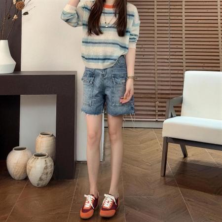 BY19413# 夏季薄款大码女装洋气毛边工装阔腿牛仔短裤新款显瘦百搭热裤 服裝批發女裝批發服飾貨源