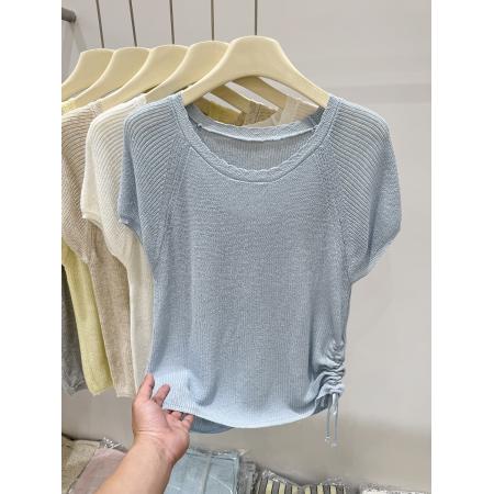 BY19416# 四季青夏季新款气质时尚短袖针织衫女薄款抽绳显瘦上衣 服裝批發女裝批發服飾貨源