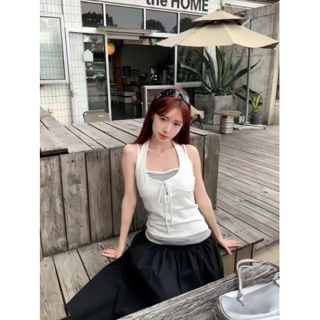 BY19420# 精棉假两件挂脖条纹系带内搭吊带背心女夏季上衣 服裝批發女裝批發服飾貨源