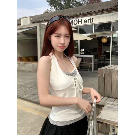 BY19420# 精棉假两件挂脖条纹系带内搭吊带背心女夏季上衣 服裝批發女裝批發服飾貨源
