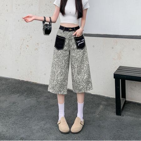 BY19429# 复古豹纹贴布口袋拼接七分裤女夏季新款宽松牛仔短裤子 服裝批發女裝批發服飾貨源