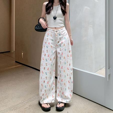 BY19432# 蝴蝶结小熊卡通印花休闲裤女新款高腰直筒阔腿拖地裤潮 服裝批發女裝批發服飾貨源