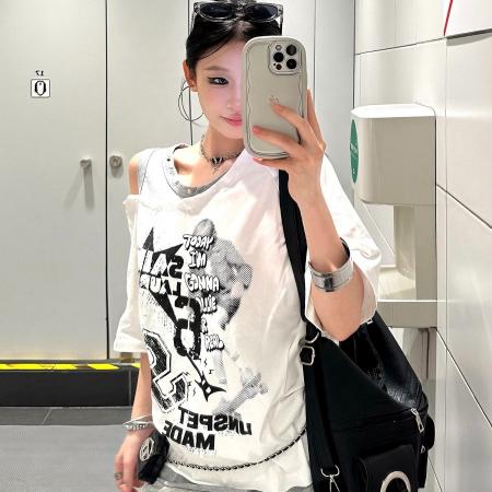BY19434# 纯棉爆爆糖美式辣妹涂鸦印花假两件短袖T恤女夏上衣 服裝批發女裝批發服飾貨源