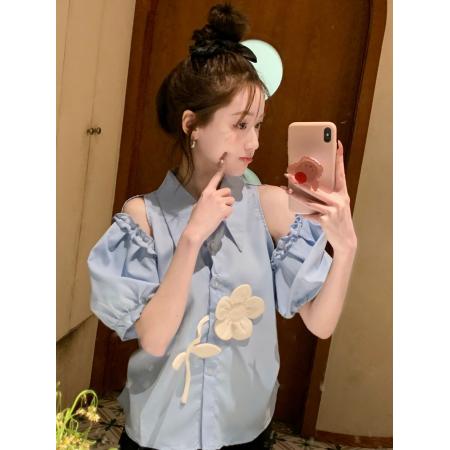 BY19443# 甜美设计感别致立体花朵蓝色衬衫女短袖夏季小众时尚减龄衬衣 服裝批發女裝批發服飾貨源