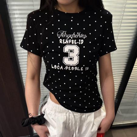BY19451# 纯棉夏季新款韩系V领波点时尚正肩印花款短袖t恤 服裝批發女裝批發服飾貨源