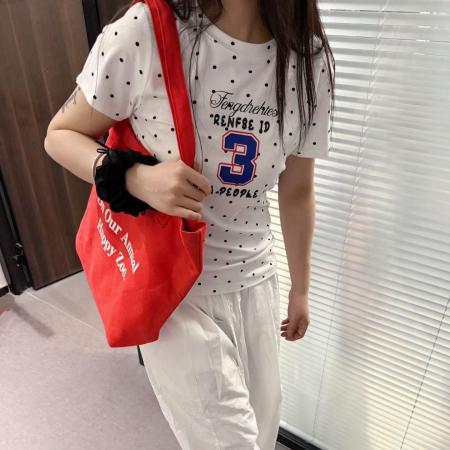 BY19451# 纯棉夏季新款韩系V领波点时尚正肩印花款短袖t恤 服裝批發女裝批發服飾貨源