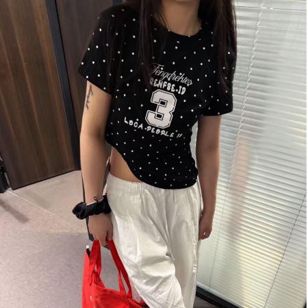 BY19451# 纯棉夏季新款韩系V领波点时尚正肩印花款短袖t恤 服裝批發女裝批發服飾貨源