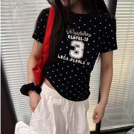 BY19451# 纯棉夏季新款韩系V领波点时尚正肩印花款短袖t恤 服裝批發女裝批發服飾貨源