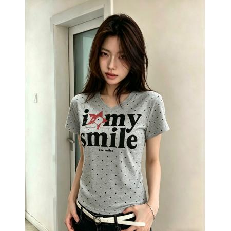 BY19454# 纯棉夏季新款韩系V领波点时尚正肩印花款短袖t恤 服裝批發女裝批發服飾貨源