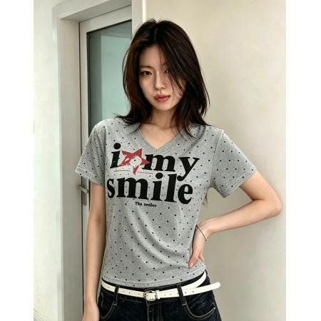 BY19454# 纯棉夏季新款韩系V领波点时尚正肩印花款短袖t恤 服裝批發女裝批發服飾貨源