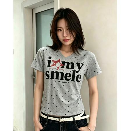 BY19454# 纯棉夏季新款韩系V领波点时尚正肩印花款短袖t恤 服裝批發女裝批發服飾貨源