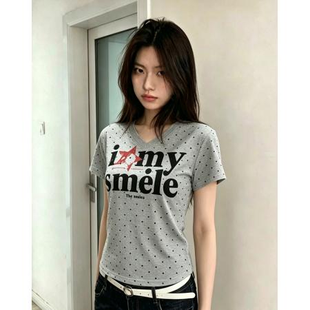 BY19454# 纯棉夏季新款韩系V领波点时尚正肩印花款短袖t恤 服裝批發女裝批發服飾貨源