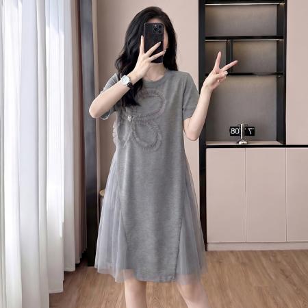 BY19464# 新款大码拼接网纱遮肉宽松连衣裙 服裝批發女裝批發服飾貨源