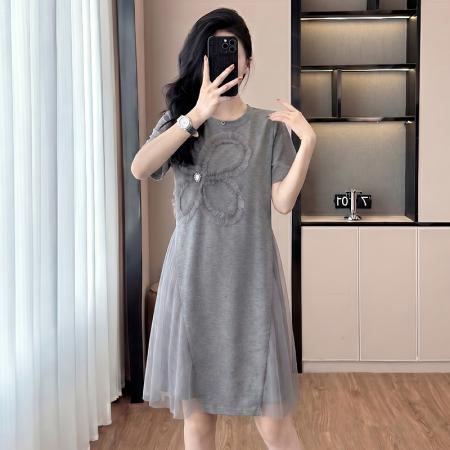 BY19464# 新款大码拼接网纱遮肉宽松连衣裙 服裝批發女裝批發服飾貨源