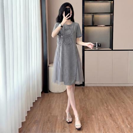 BY19464# 新款大码拼接网纱遮肉宽松连衣裙 服裝批發女裝批發服飾貨源