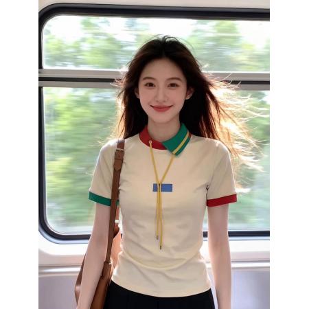 BY19477# 米色polo领撞色短袖T恤女新款夏季韩系穿搭减龄独特漂亮上衣 服裝批發女裝批發服飾貨源