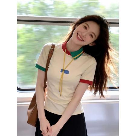 BY19477# 米色polo领撞色短袖T恤女新款夏季韩系穿搭减龄独特漂亮上衣 服裝批發女裝批發服飾貨源