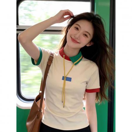 BY19477# 米色polo领撞色短袖T恤女新款夏季韩系穿搭减龄独特漂亮上衣 服裝批發女裝批發服飾貨源