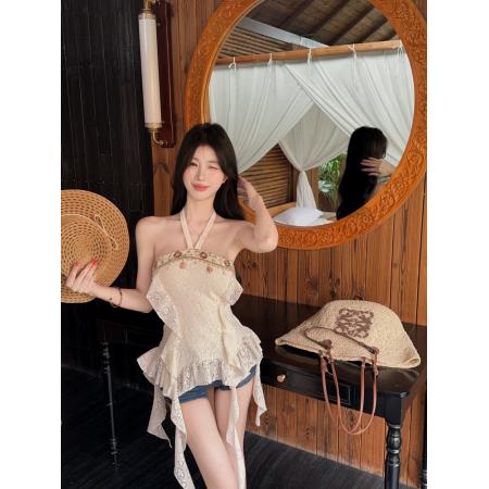 BY19484# 纯欲辣妹复古波西米亚风性感挂脖设计感不规则飘带上衣 服裝批發女裝批發服飾貨源