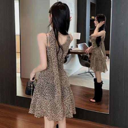BY19488# 气质感豹纹飘带连衣裙 服裝批發女裝批發服飾貨源