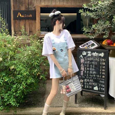 BY19491# 卡通刺绣休闲假两件减龄短袖T恤宽松显瘦上衣 服裝批發女裝批發服飾貨源