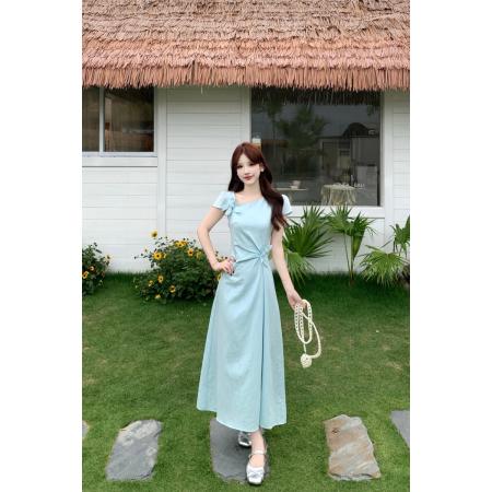 BY19494# 大码夏季新款法式气质清冷千金感蓝色收腰显瘦连衣裙 服裝批發女裝批發服飾貨源