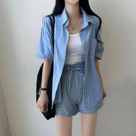 BY19499# 高级感仿牛仔套装女夏季宽松休闲运动服短袖衬衫短裤两件套小个子 服裝批發女裝批發服飾貨源