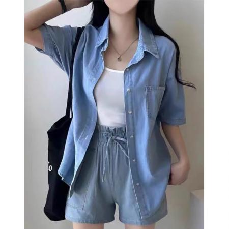 BY19499# 高级感仿牛仔套装女夏季宽松休闲运动服短袖衬衫短裤两件套小个子 服裝批發女裝批發服飾貨源