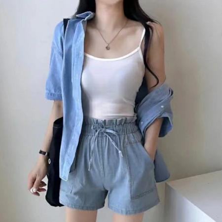 BY19499# 高级感仿牛仔套装女夏季宽松休闲运动服短袖衬衫短裤两件套小个子 服裝批發女裝批發服飾貨源