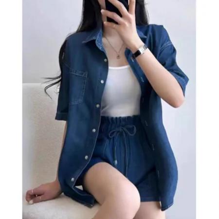 BY19499# 高级感仿牛仔套装女夏季宽松休闲运动服短袖衬衫短裤两件套小个子 服裝批發女裝批發服飾貨源